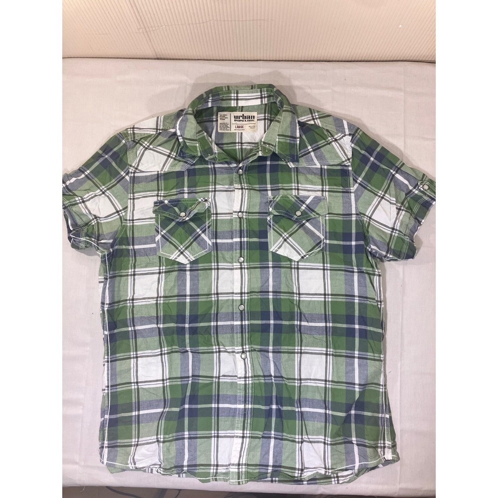 Urban Pipeline Mens Large Green Plaid Short Sleeve Pearl Snap Button Up‎ Shirt